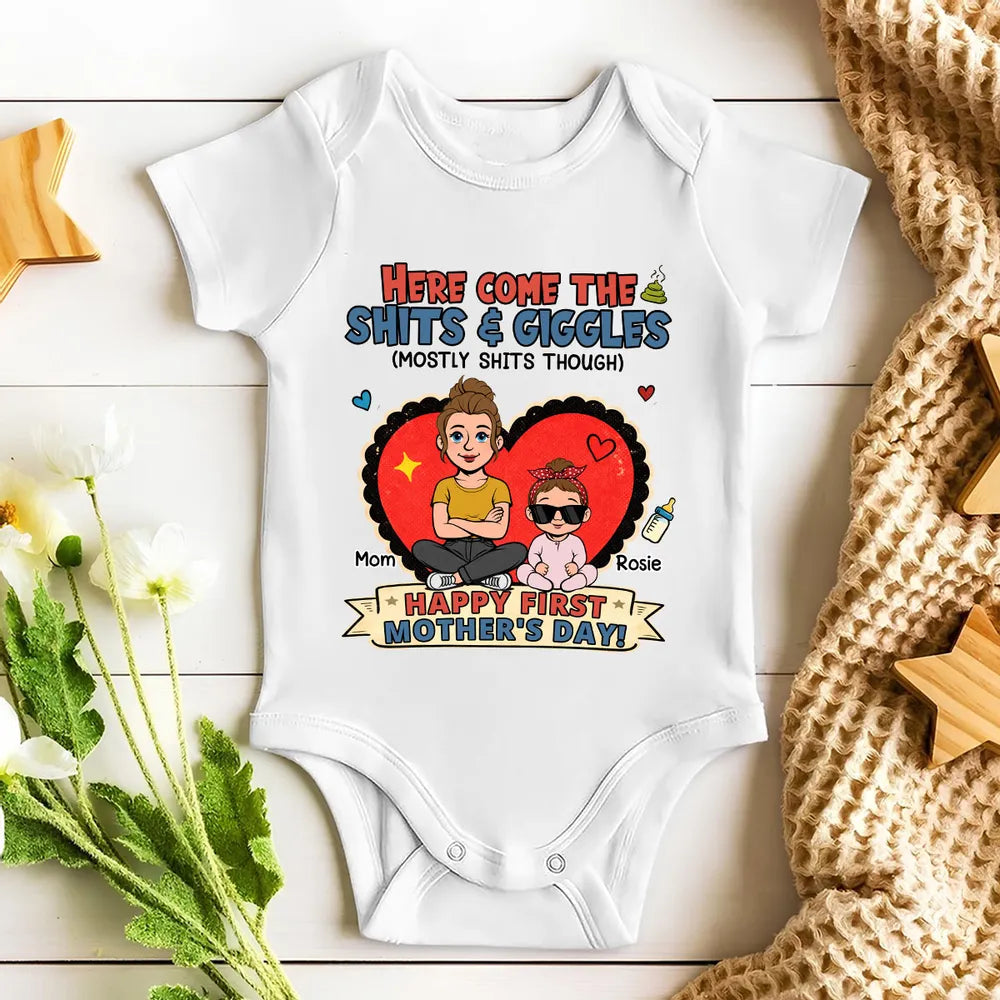 Here Come The Giggles Personalized Short Sleeve Baby Onesie, Funny First Mother's Day Gift for New Mom