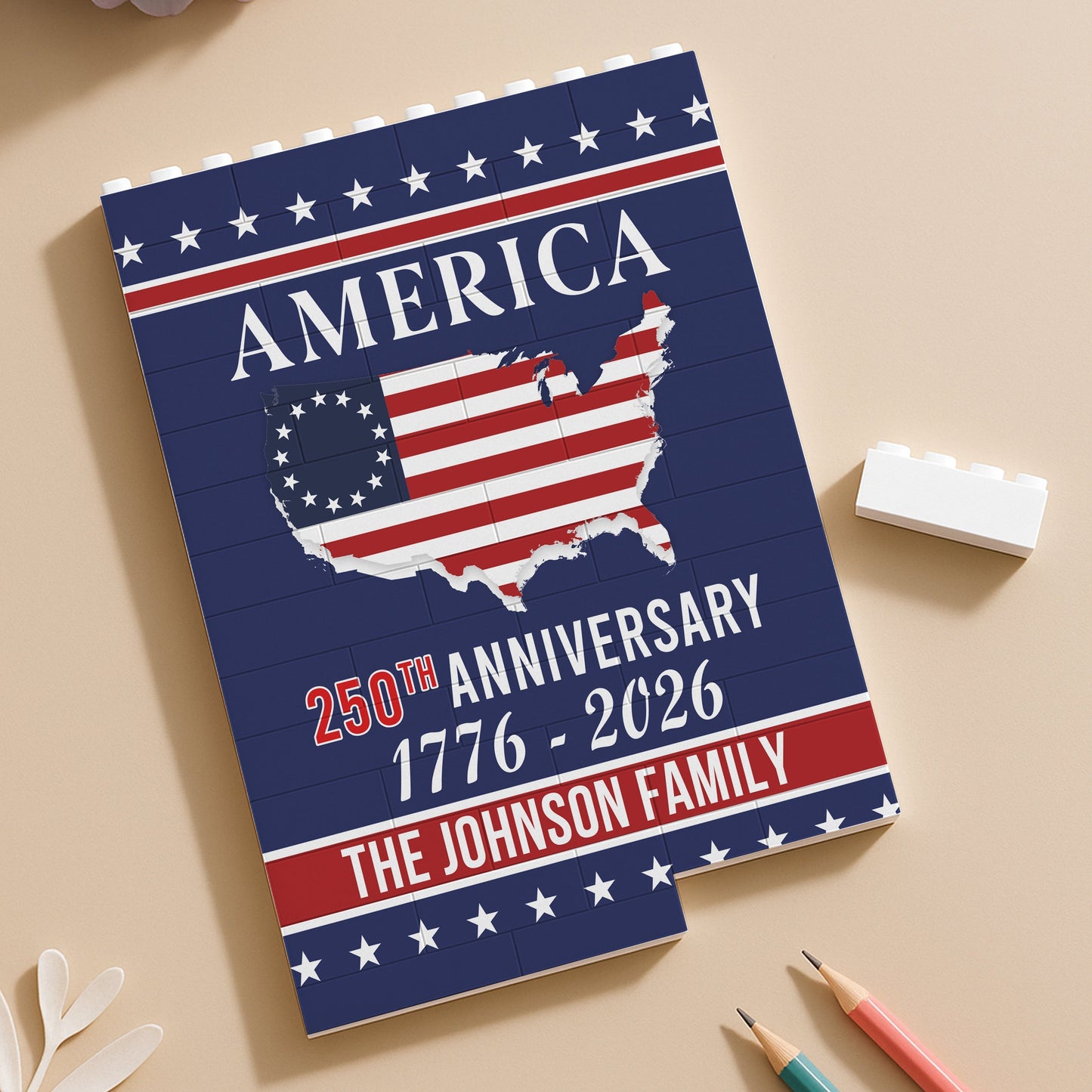Custom Patriotic PVC Building Brick Puzzle for America 250th Anniversary, USA Flag Map Design, Meaningful Family Gift