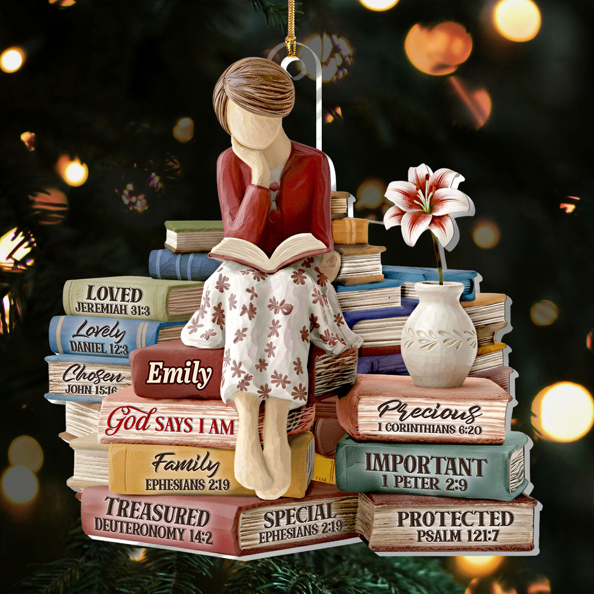 Personalized Acrylic Ornament with Reading Woman and Faith Books – Unique Christian Gift and Christmas Tree Decor