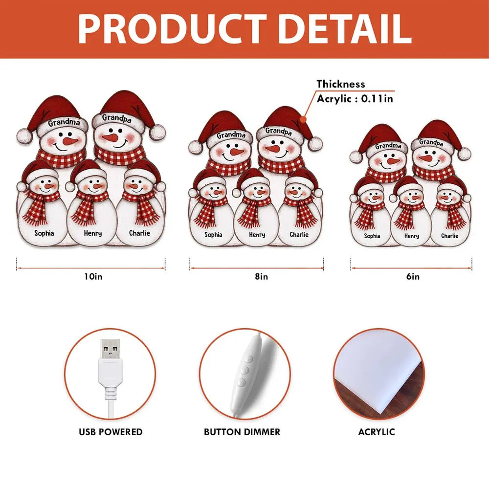 Acrylic Light Box with Folk-Art Snowman Family, Christmas decor, warm glow, unique personalized gift for Grandparents