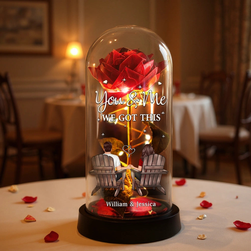 Personalized Lighted Eternal Rose Dome with You & Me We Got This, Cozy Romantic Night Light, Unique Gift for Couples