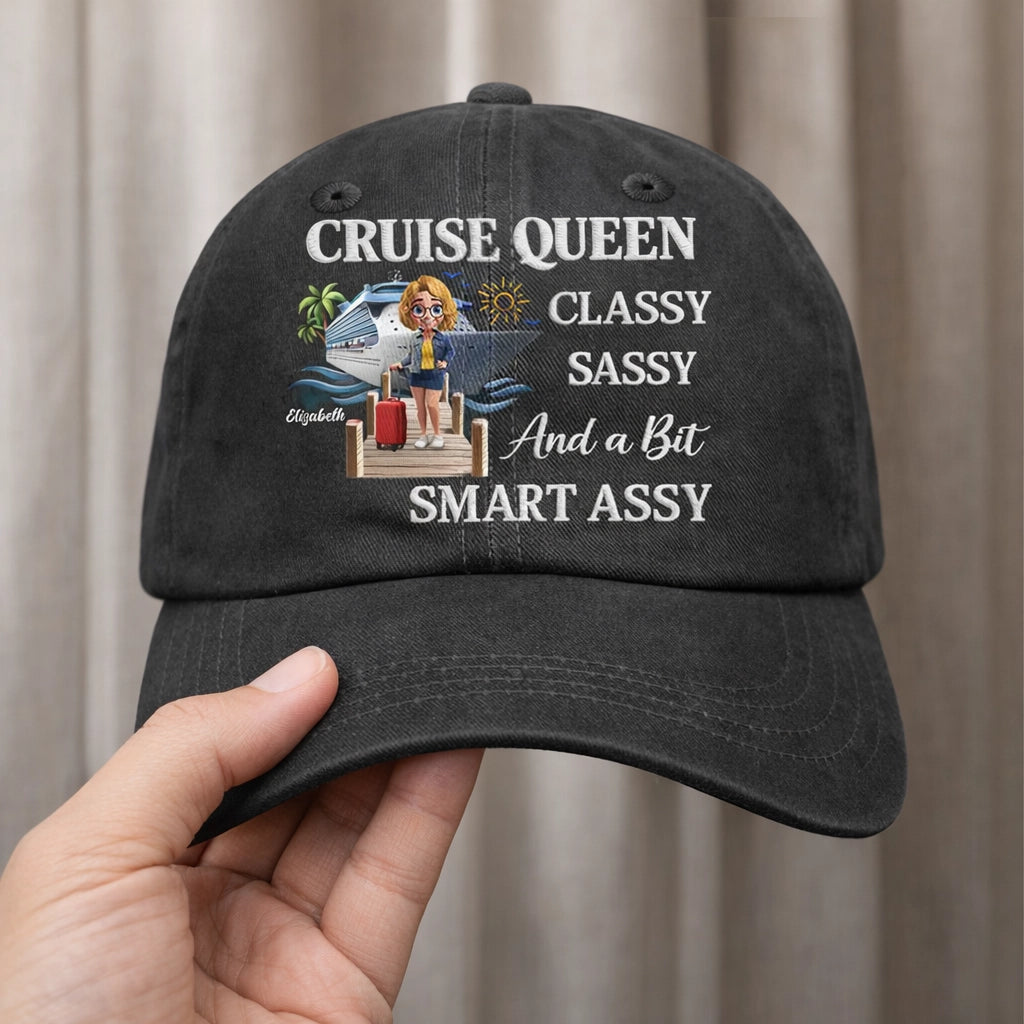 Personalized Washed Denim Baseball Cap, Cruise Queen Classy Sassy Graphic, Unique Funny Gift for Travel Lovers