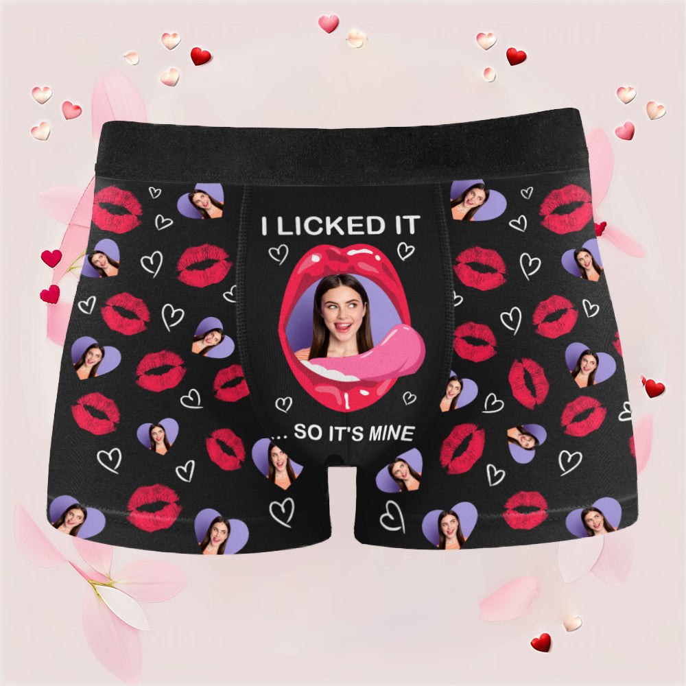 "I Licked It So It’s Mine – Funny Personalized Boxer Briefs for Husband with Your Face"