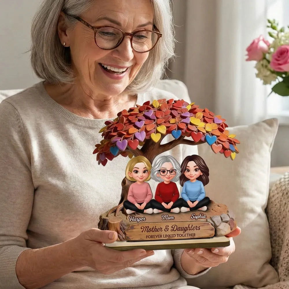 Personalized 2-Layer Wooden Plaque with Mom and Daughters Under Colorful Heart Tree - Unique Gift for Mom, Sweet Family Keepsake