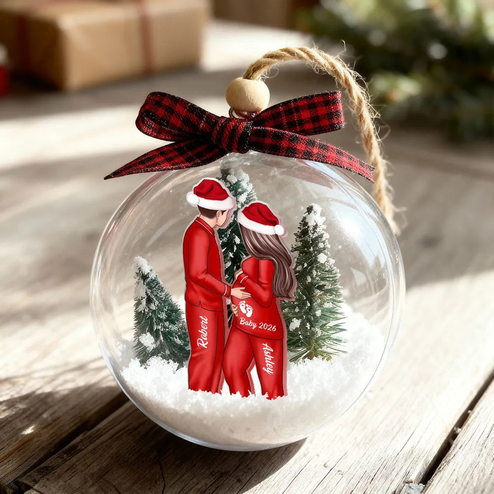 Acrylic Snow Globe Ornament Featuring Couple Expecting Baby, Christmas Tree Decor and Perfect Gift for New Parents