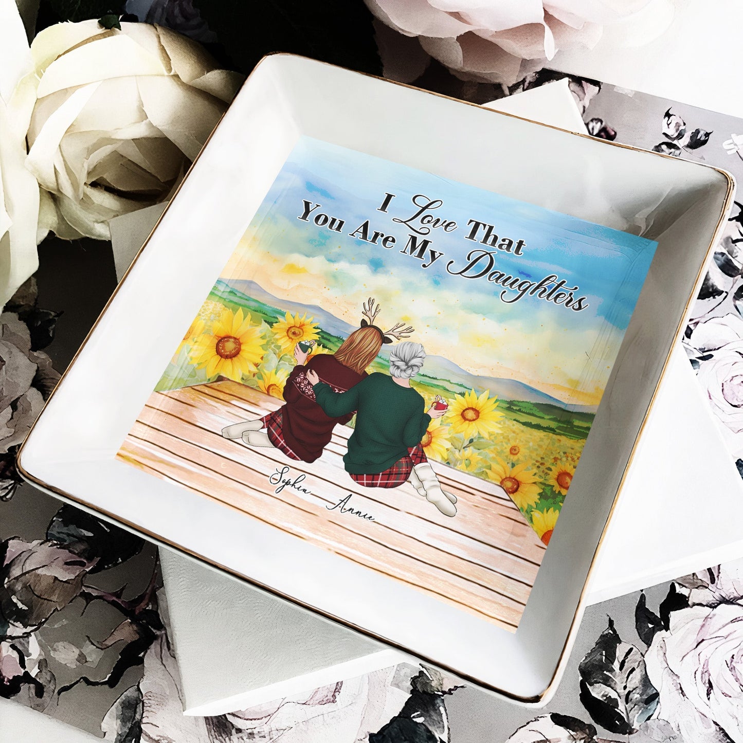 Jewelry Dish with Mother-Daughter Beach Illustration, Heartfelt Keepsake of Love and Affection