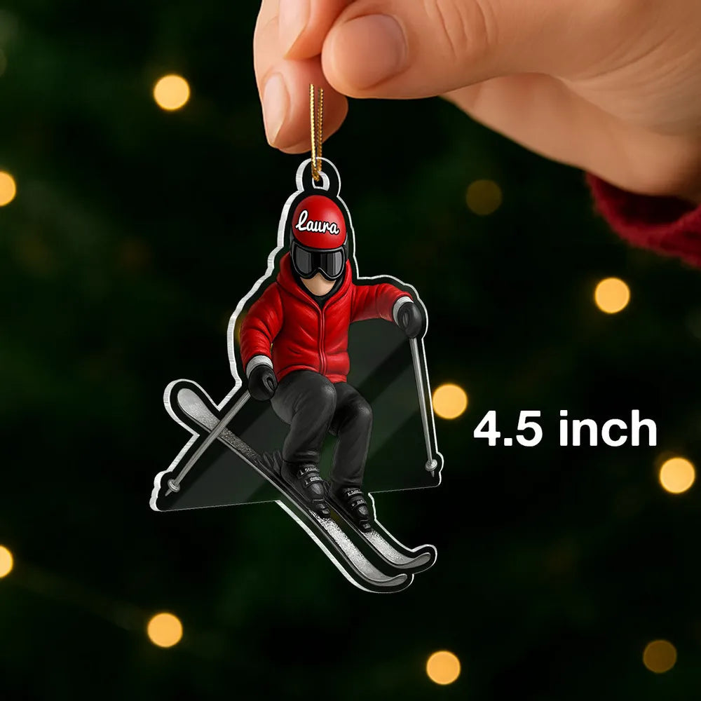 Personalized Skier Acrylic Ornament, Custom Name Winter Skiing Scene, Unique Christmas Tree Gift For Ski Lovers