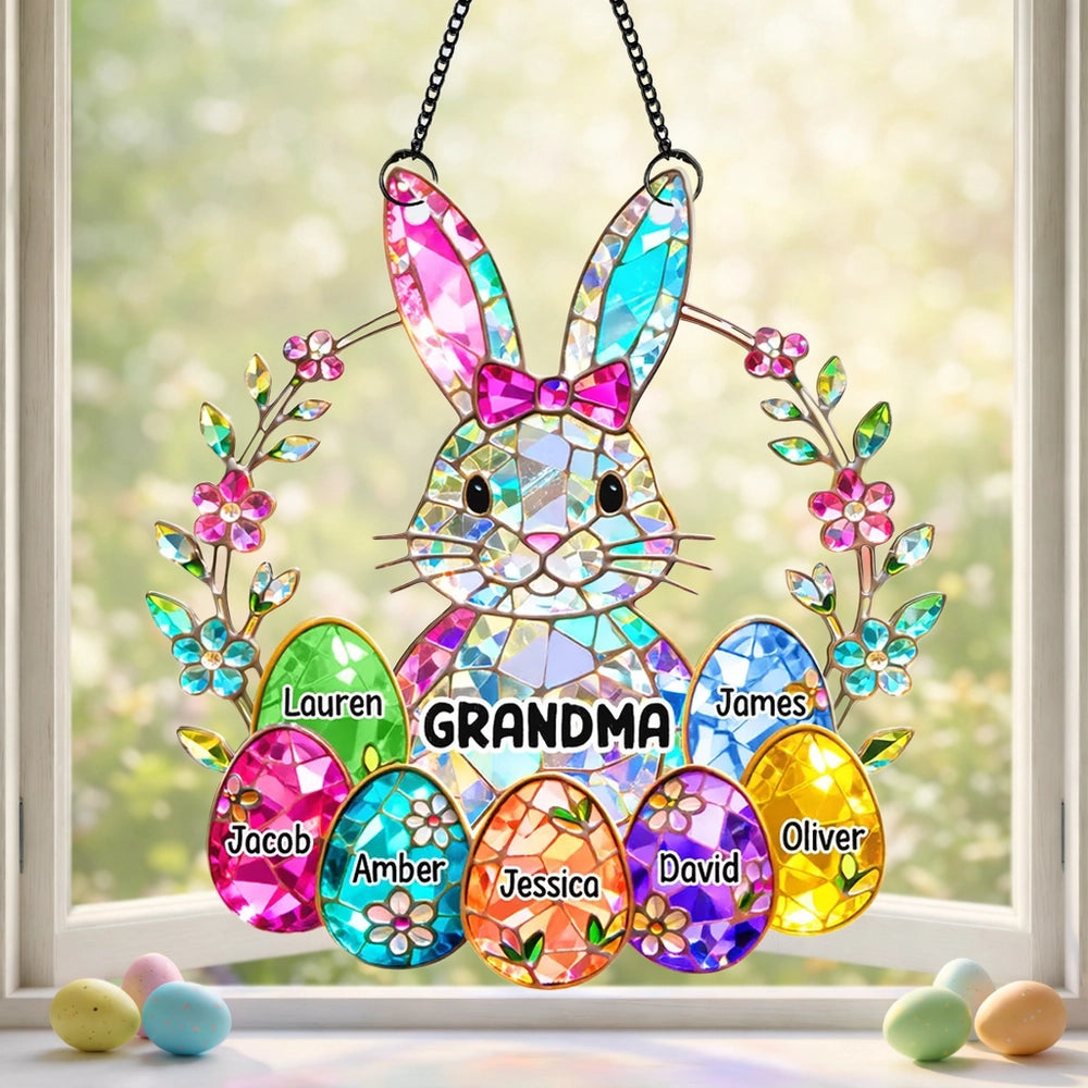 Acrylic Suncatcher Ornament Rainbow Bunny with Floral Wreath for Grandma Sunny Window Decor Unique Gift
