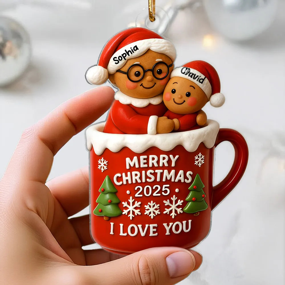 Acrylic Ornament with Grandma and Child in Red Christmas Mug, Festive Holiday Décor and Perfect Gift for Family