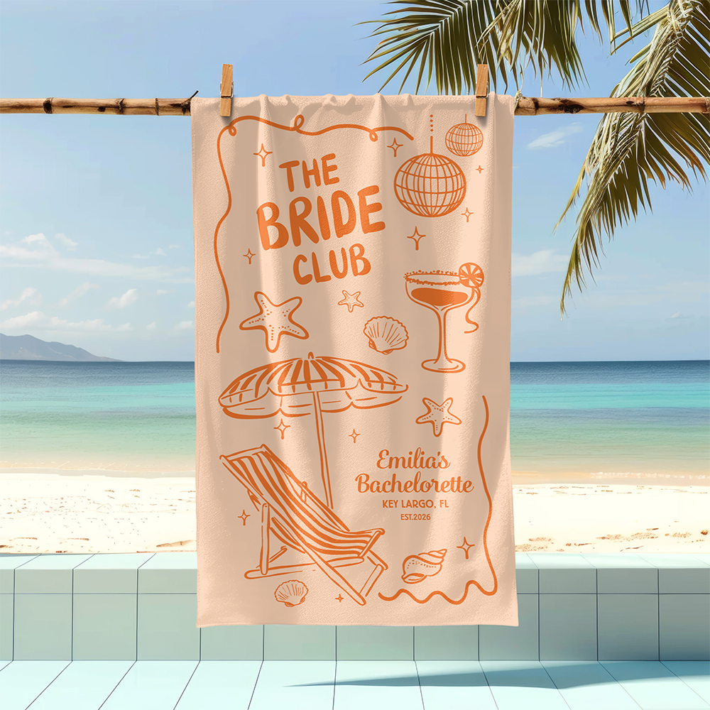 Personalized Beach Towel The Bride Club, Custom Girls Trip Poolside Gift with Retro Beach Icons for the Bride Squad
