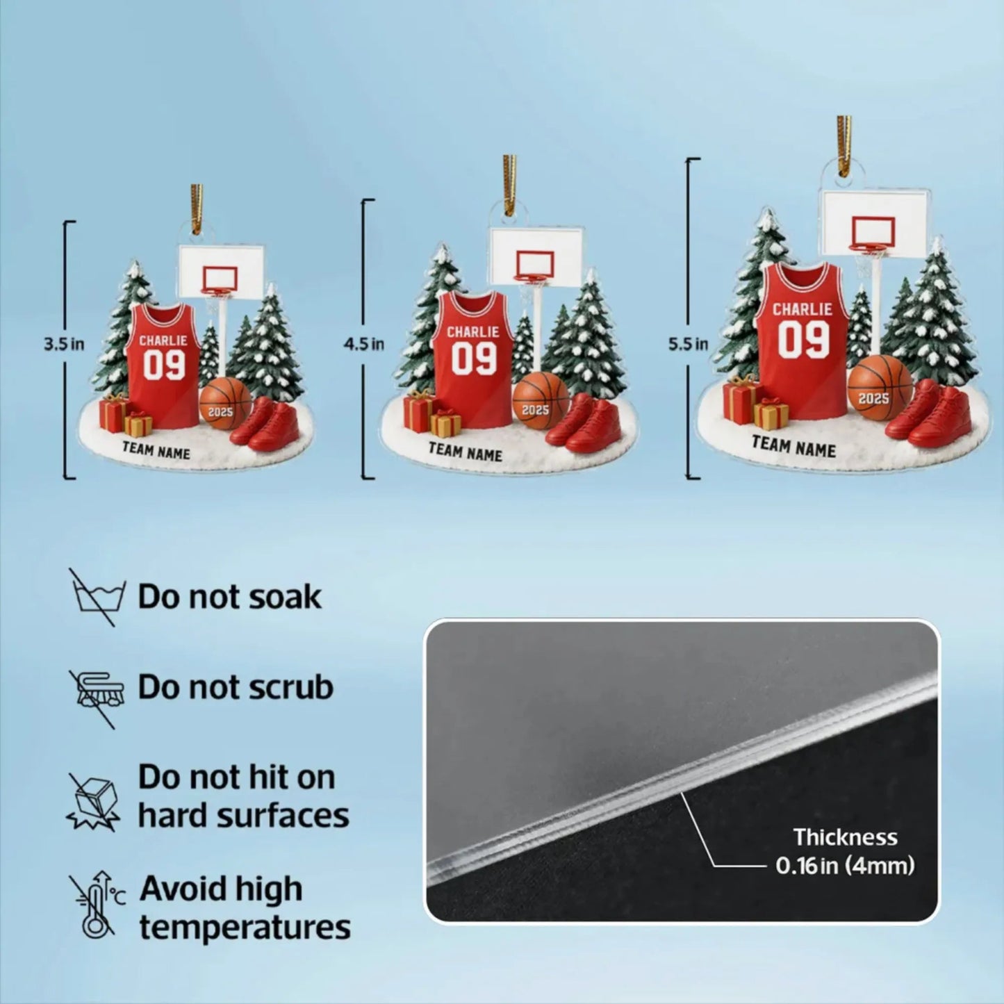 Basketball Acrylic Ornament for Christmas Tree, customizable details, snowy court scene, perfect gift for players, fans, and coaches