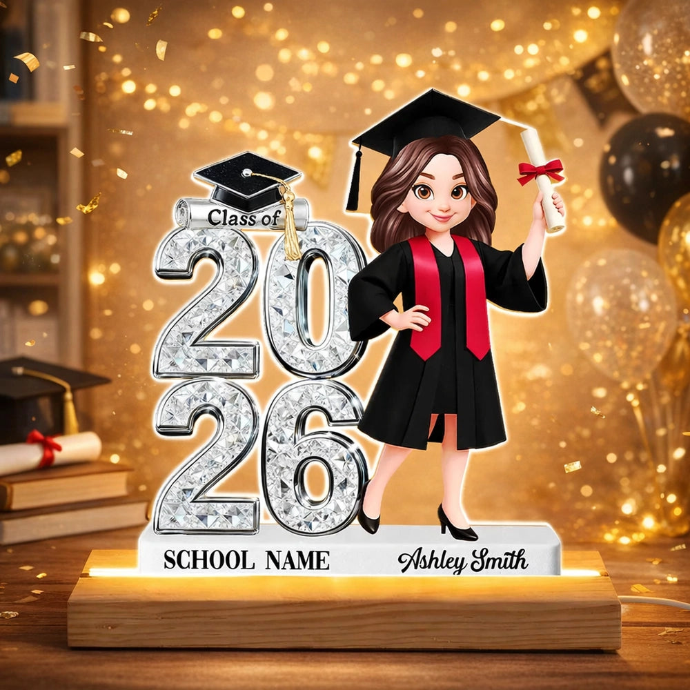Personalized Block LED Light Plaque Graduation Night Light with Graduate Girl Holding Diploma, Warm Glow Unique Gift