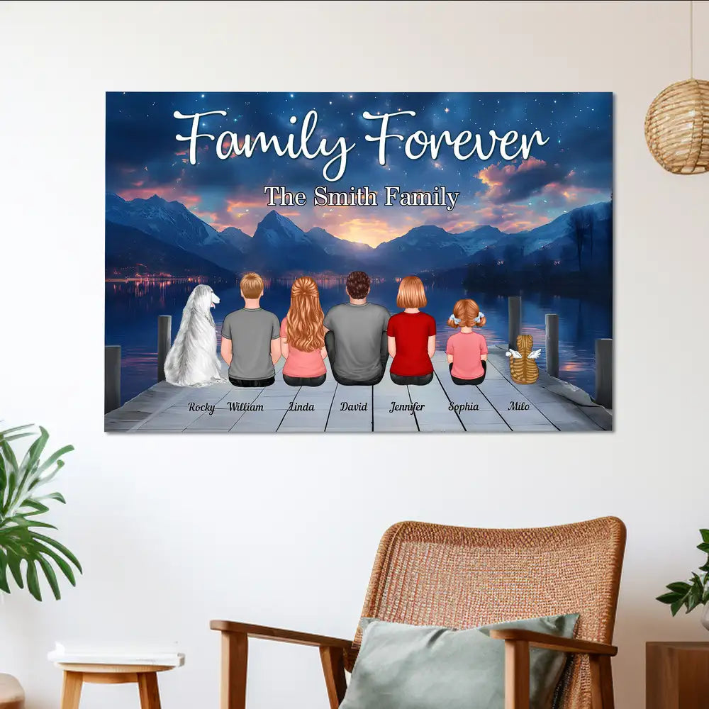 Custom Family Poster – “Family Forever” Back View with Names, Kids and Pets, Framed or Canvas Available