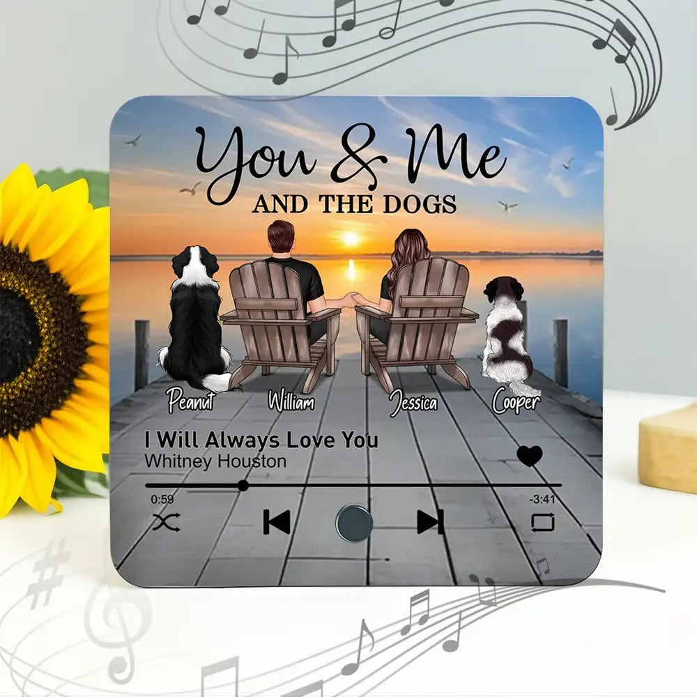Couple You Me And The Dogs Cats Sitting On Lake Dock Personalized Music Fridge Magnet, Gift For Couple, Dog Lovers, Cat Lovers, Pet Lovers