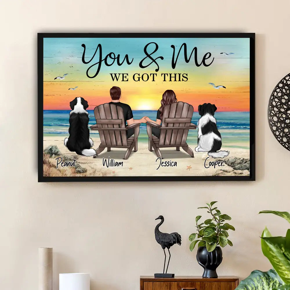 "You & Me – Custom Couple Poster with Pets, Personalized Beach Scene, Romantic Gift for Couples"