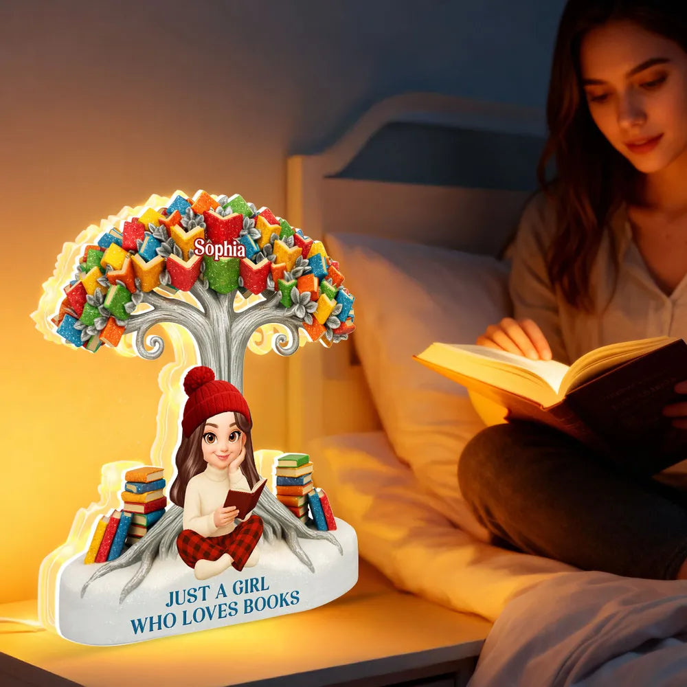 Acrylic Light Box with Reading Girl and Book Tree, Personalized Keepsake for Bedroom or Bookshelf, Thoughtful Gift