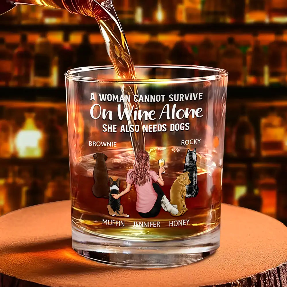 Personalized Whiskey Glass with Pet and Owner Back View – 'She Also Needs a Dog' Warm Quote Design