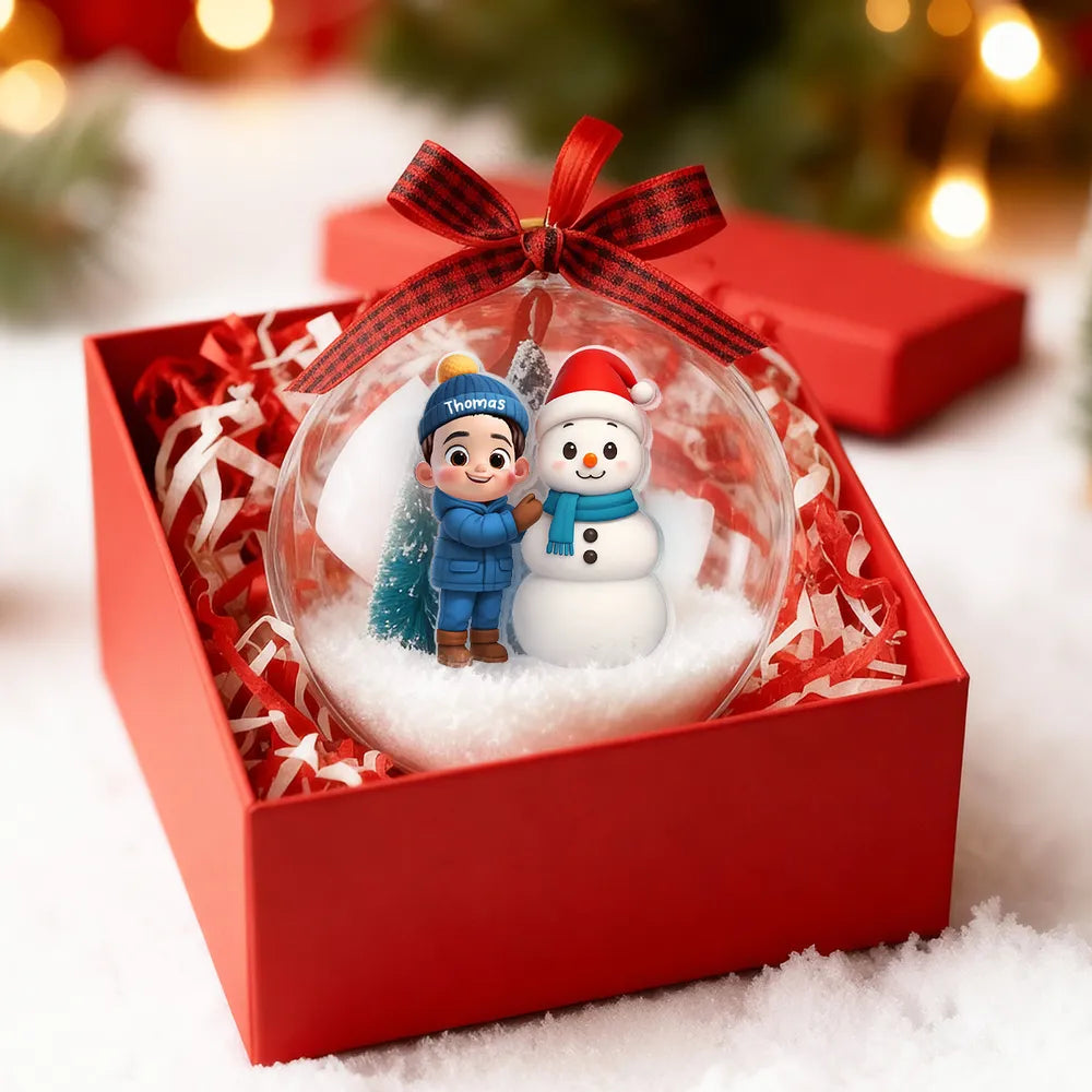 Snow Globe Ornament - Cute 3D Snowman Scene in Clear Acrylic, Easy to Hang, unique gift for Kids & Grandkids