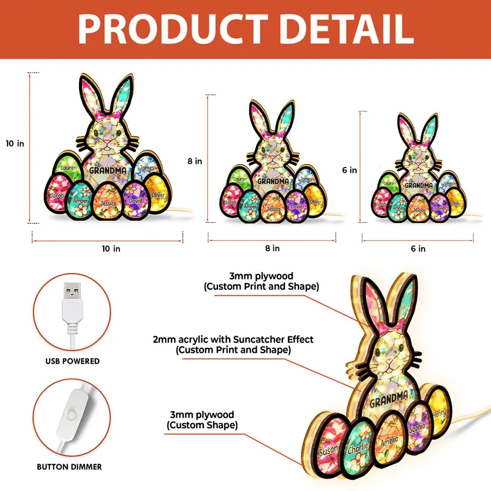 Wooden Acrylic Suncatcher Night Light Mosaic Bunny for Grandma - Personalized Easter Decor That Glows as a Unique Gift