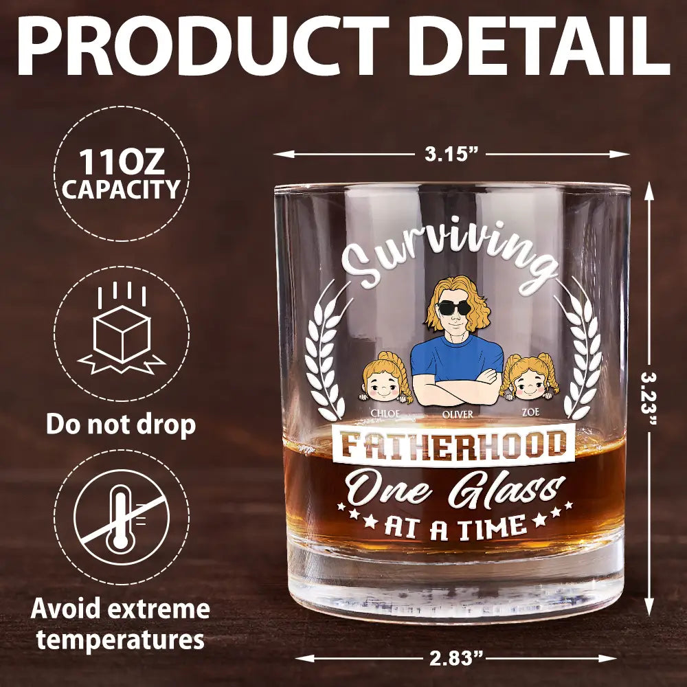 Funny Fatherhood Whiskey Glass with Family Names – Surviving Fatherhood One Glass at a Time, Ideal Father’s Day Gift