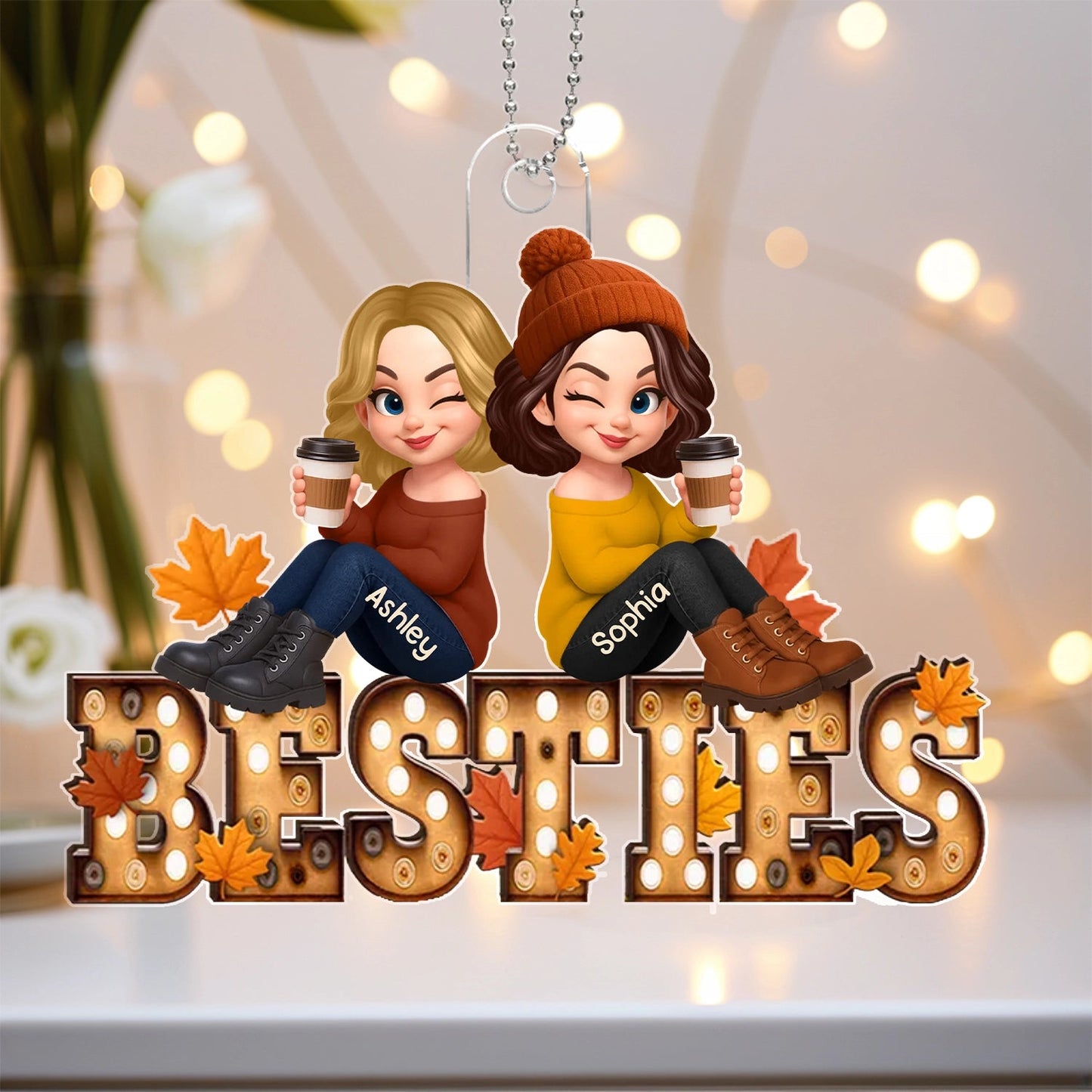 Acrylic Ornament with Coffee Besties Design, Autumn Holiday Tree Décor, Perfect Friendship Gift