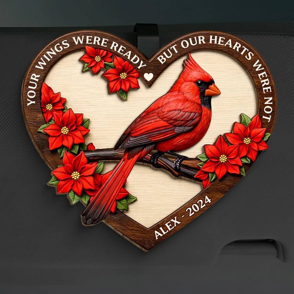 Personalized 2-Layer Wooden Car Visor Clip with Memorial Cardinal in Heart Frame, Unique Sympathy Gift for Loved One