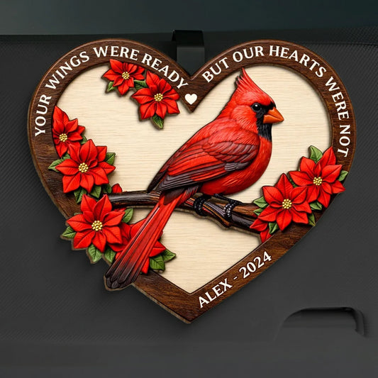 Personalized 2-Layer Wooden Car Visor Clip with Memorial Cardinal in Heart Frame, Unique Sympathy Gift for Loved One