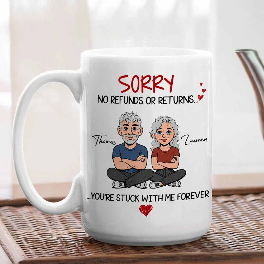 Personalized Funny Couple White Ceramic Mug 'You're Stuck With Me Forever' Cute Cartoon Gift for Husband or Wife