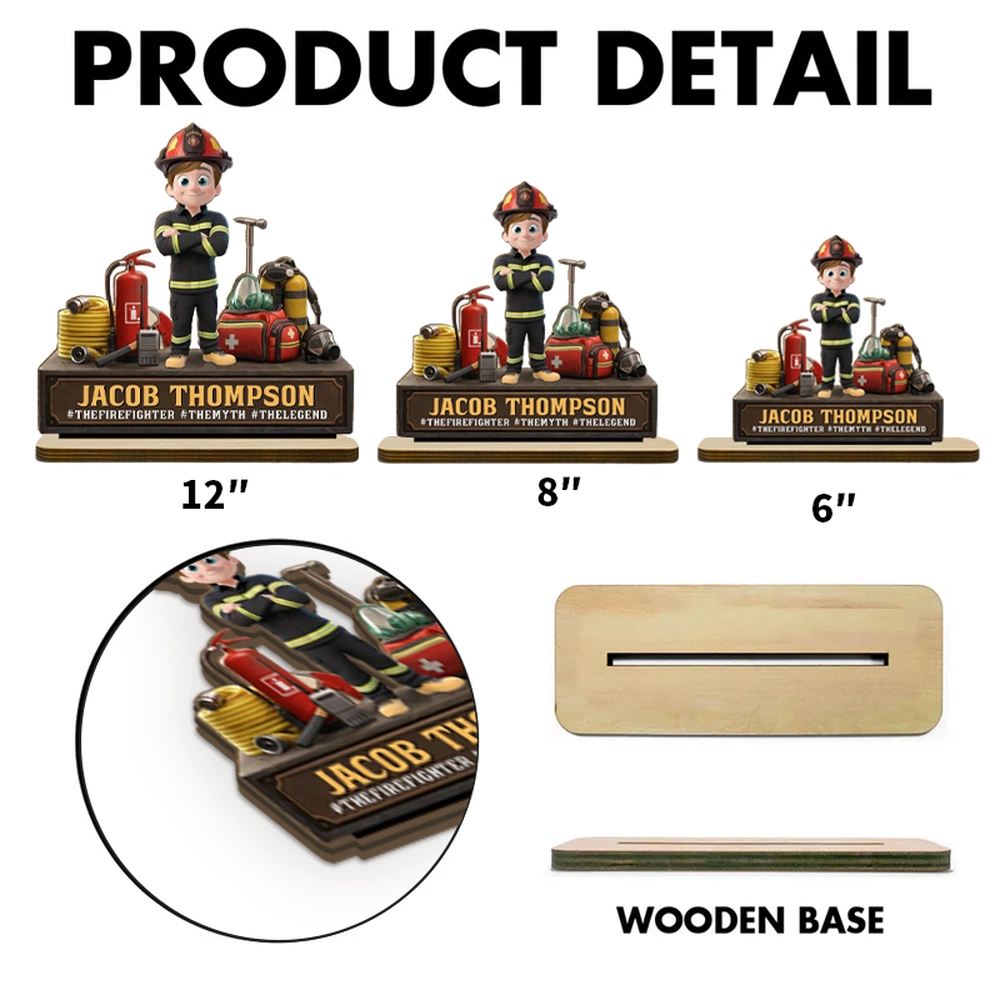 Personalized Firefighter 2-Layer Wooden Plaque, Cartoon Hero Gear Display, Unique Gift for Firefighters