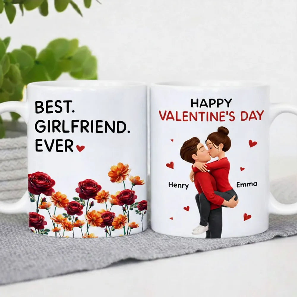 Personalized Valentine's Day Couple Kissing White Ceramic Mug with Birth Flowers, Cute Romantic Gift for Girlfriend or Boyfriend