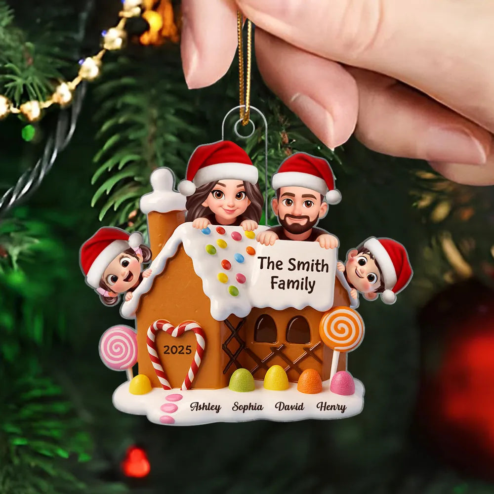 Christmas Gingerbread House Acrylic Ornament with Cute Cartoon Family Design, Warm Holiday Décor, Perfect Gift for Loved Ones