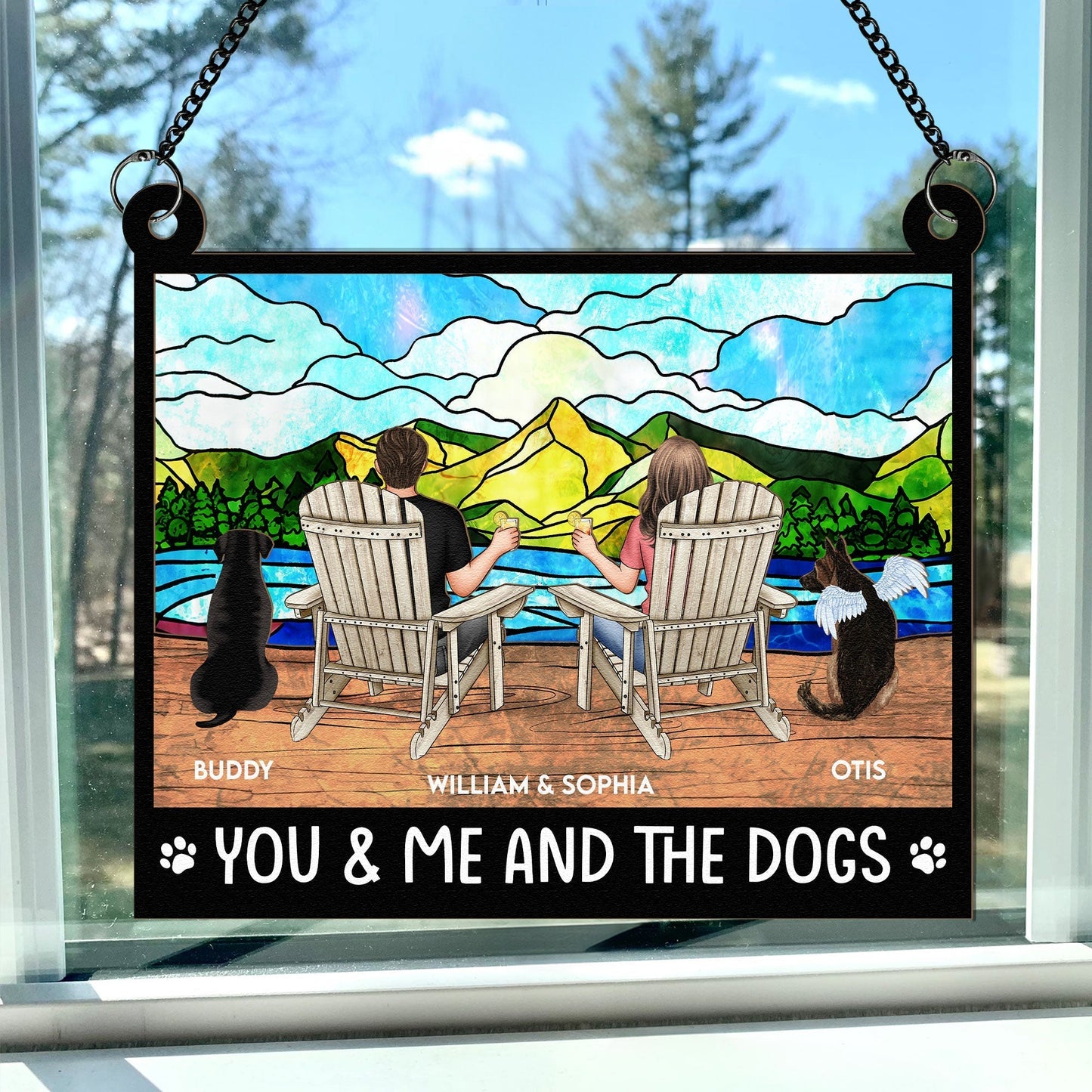 "Rustic Couple and Dogs Wood & Acrylic Ornament - Personalized Mountain View Gift"