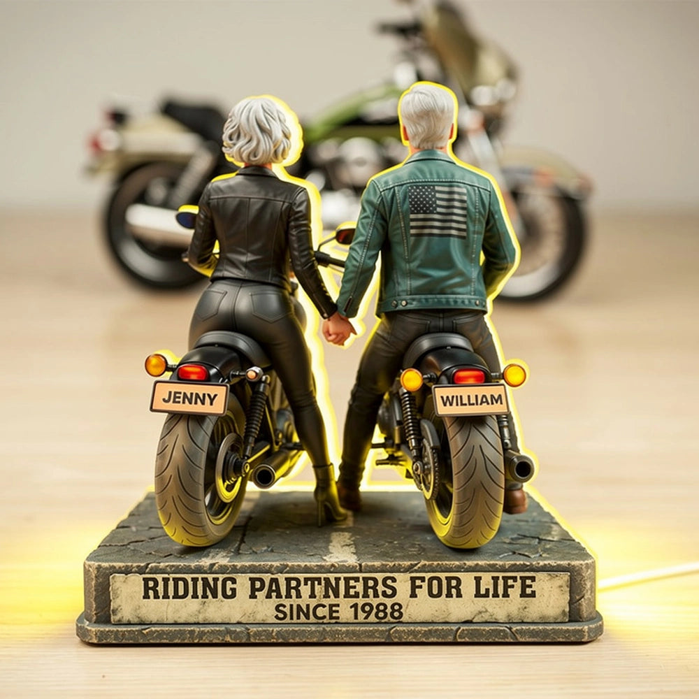 Riding Partners for Life Acrylic Light Box, Custom Motorcycle Couple Night Light with Warm Glow, Sentimental Gift