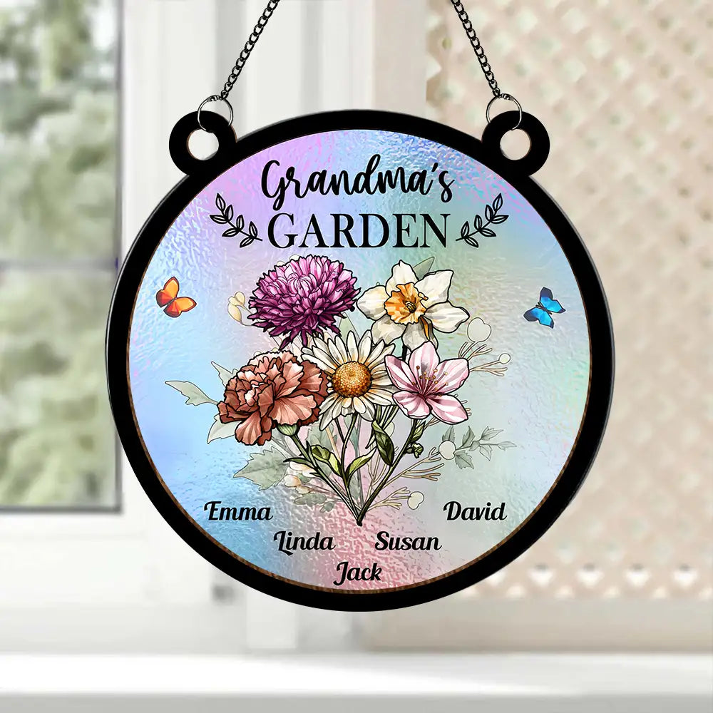 Personalized "Grandma’s Garden" Ornament – Custom Wood and Acrylic Layered Ornament for Grandma