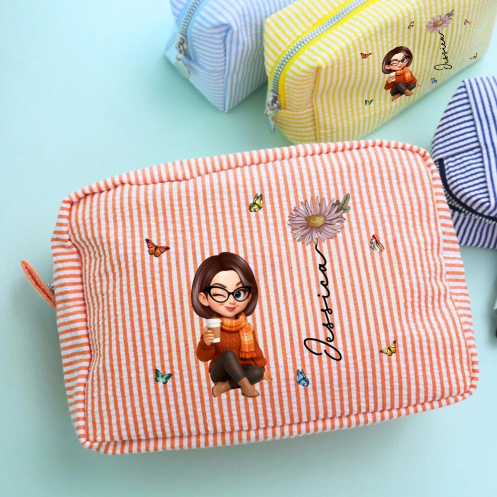 Stripes Makeup Bag with Cartoon Character Design, Portable Storage, Perfect Gift for Women