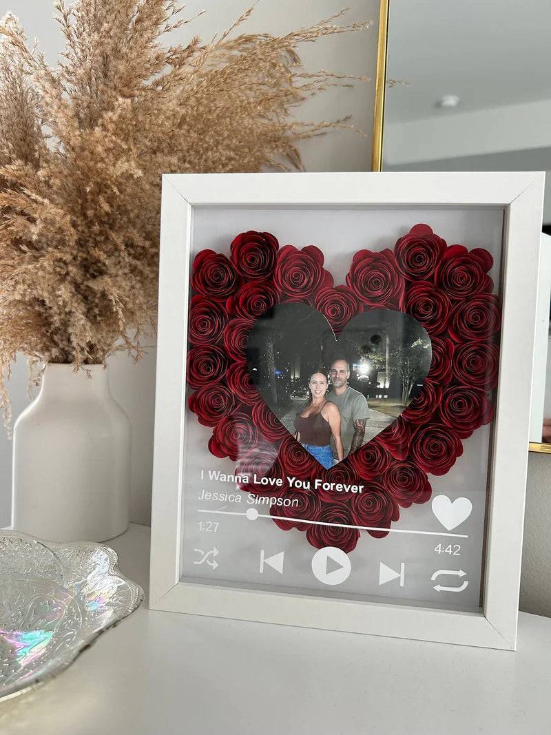 Love in Bloom - Personalized Heart-Shaped Flower Shadow Box with Photo - Ideal for Valentine's Day & Anniversaries