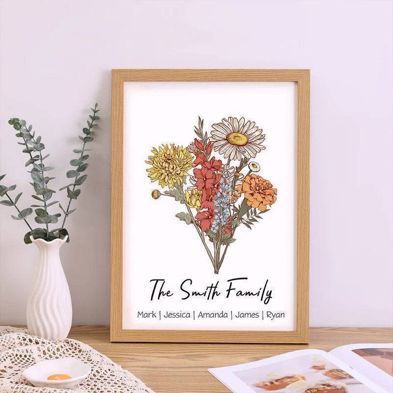 Family Blossoms - Custom Birth Flower & Names Artwork - Personalized Canvas or Poster for Your Home