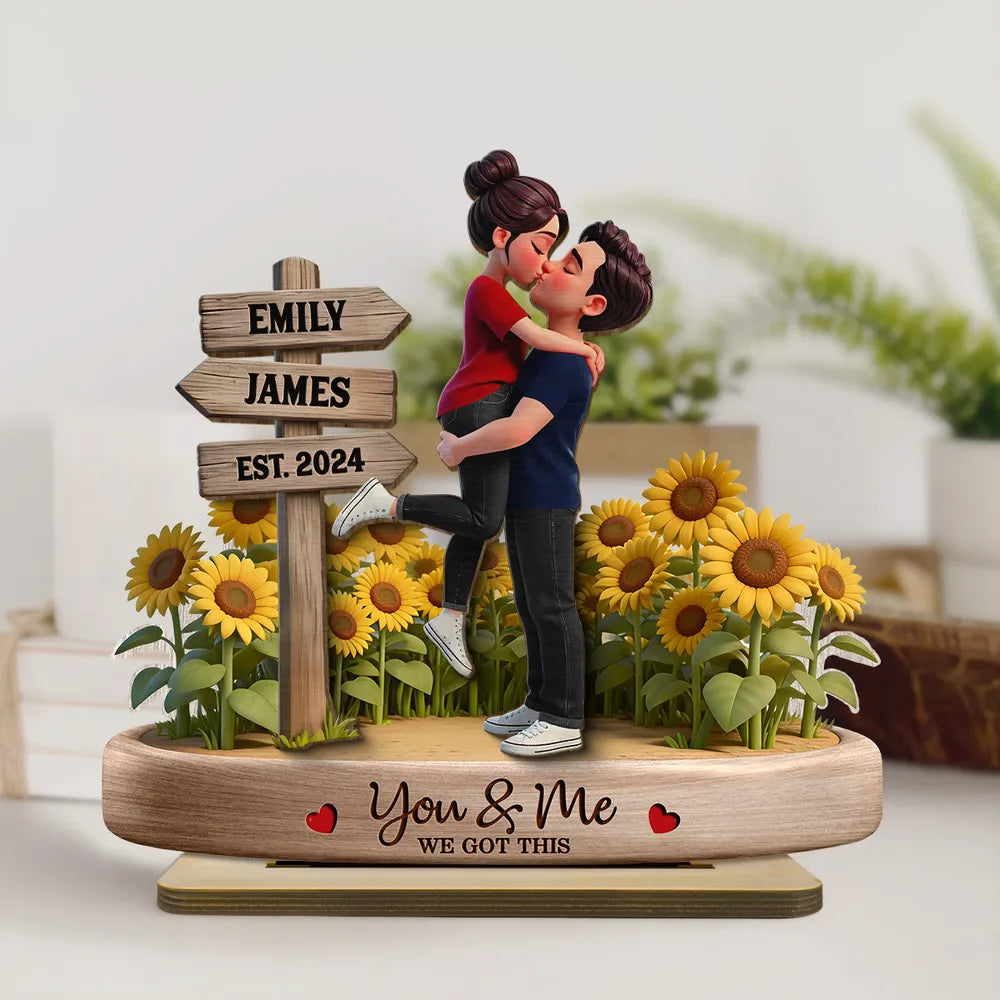 Personalized 2-Layer Wooden Plaque Couple Hugging Kiss in Sunflowers You & Me We Got This Unique Gift for Wife or Husband