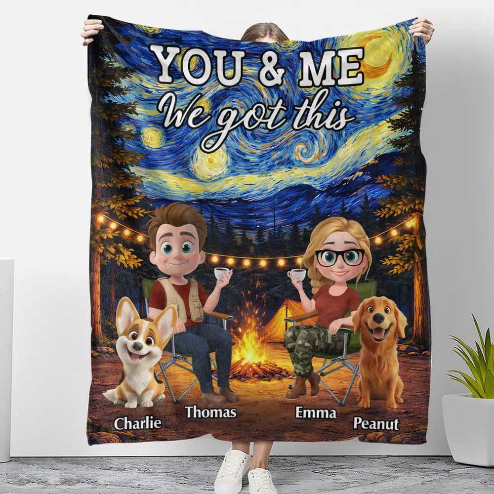 Personalized You & Me Camping Fleece Blanket, Cozy Campfire Couple & Dogs, Unique Gift for Couples
