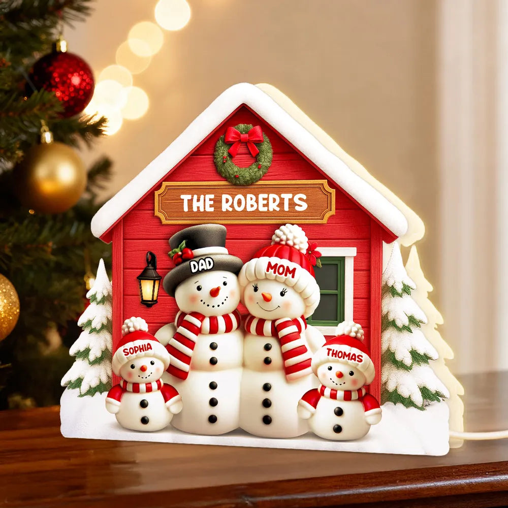 Personalized Acrylic Light Box with Snowman Family House, Cozy Christmas Décor and Unique Holiday Gift for Parents Grandparents