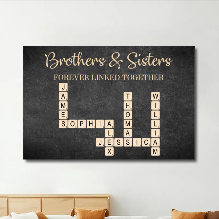 Brothers & Sisters Forever Linked Together Crossword Puzzle Art Personalized Poster or Plaque or Keychain or Orament or Cup, Gift For Siblings, Family, Brother