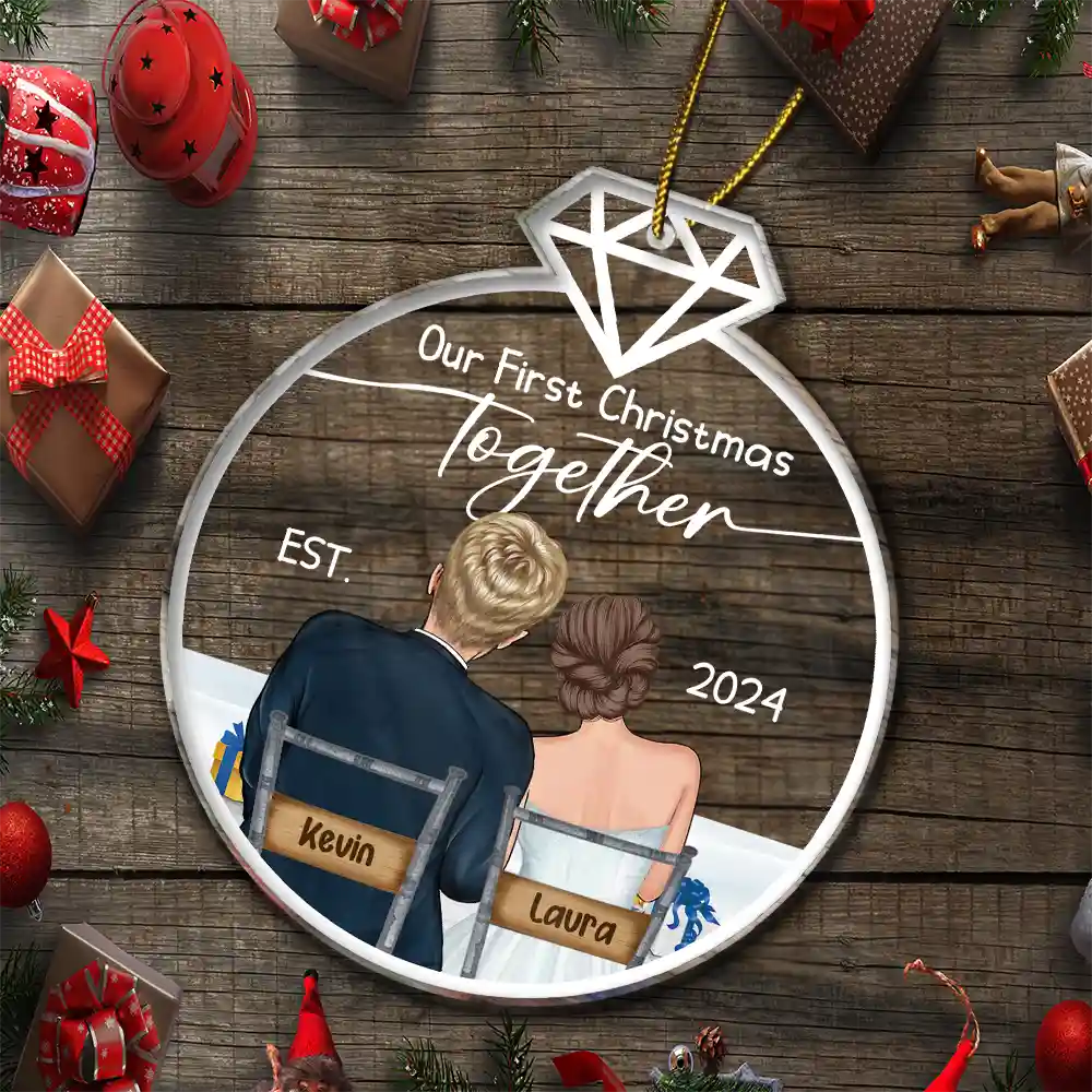 Our First Christmas Married Ornament – Personalized Acrylic Ornament with Romantic Couple Back Design