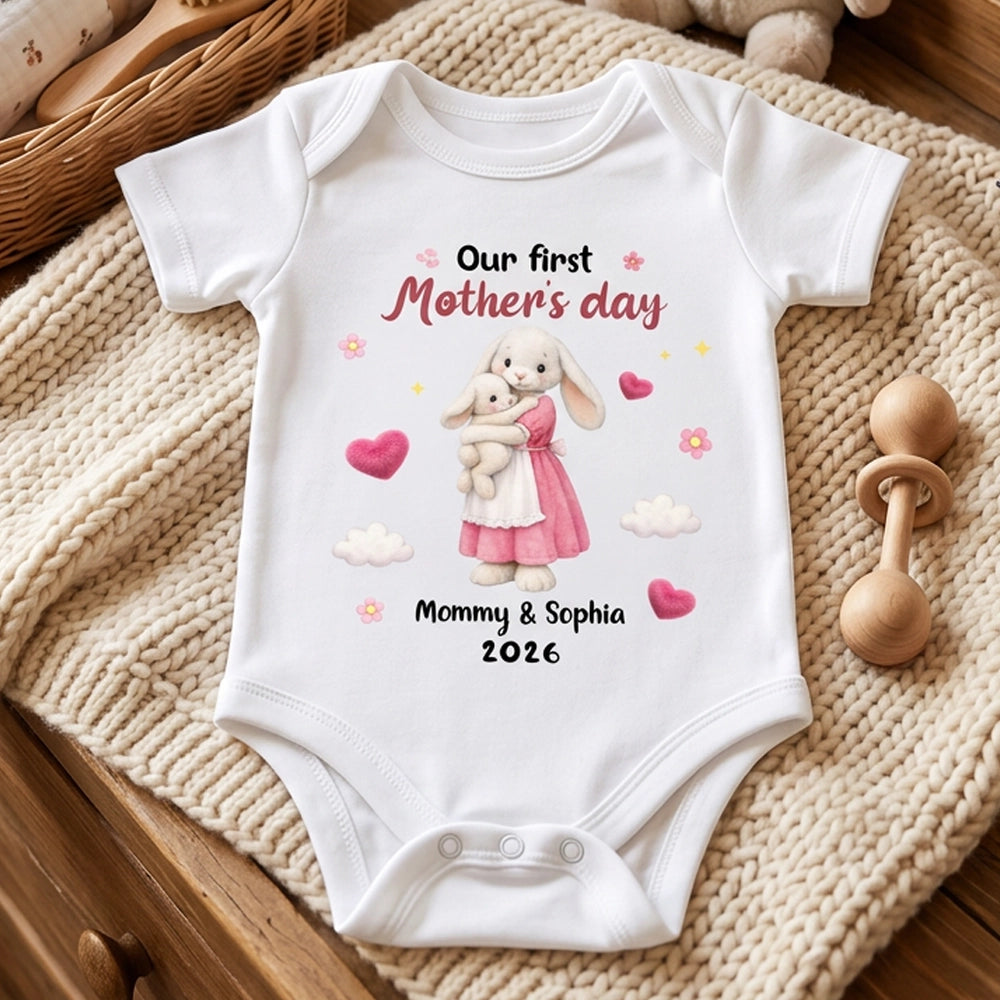 Personalized Mother's Day Short Sleeve Baby Onesie with Bunny Mom & Baby, Sweet First Mother's Day Unique Gift