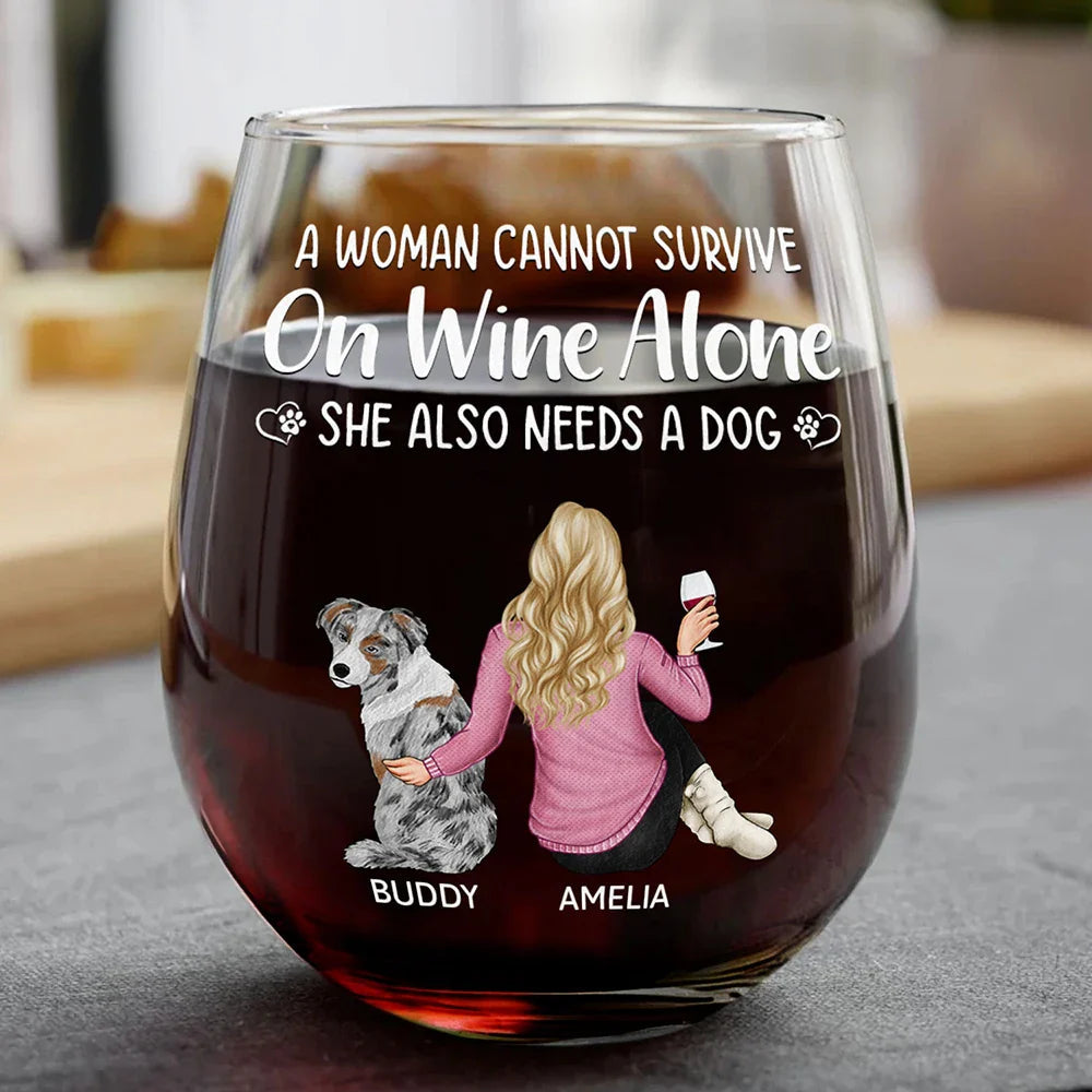 “Wine and Dogs Are Essential” Personalized Stemless Wine Glass - Valentine’s Day Gift - Perfect for Dog Moms/Dads - Beach Scene Design