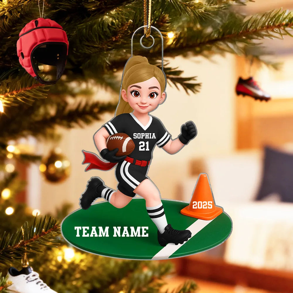 Acrylic Ornament Personalized Flag Football Kid Running on Field, Unique Christmas Tree Gift for Son