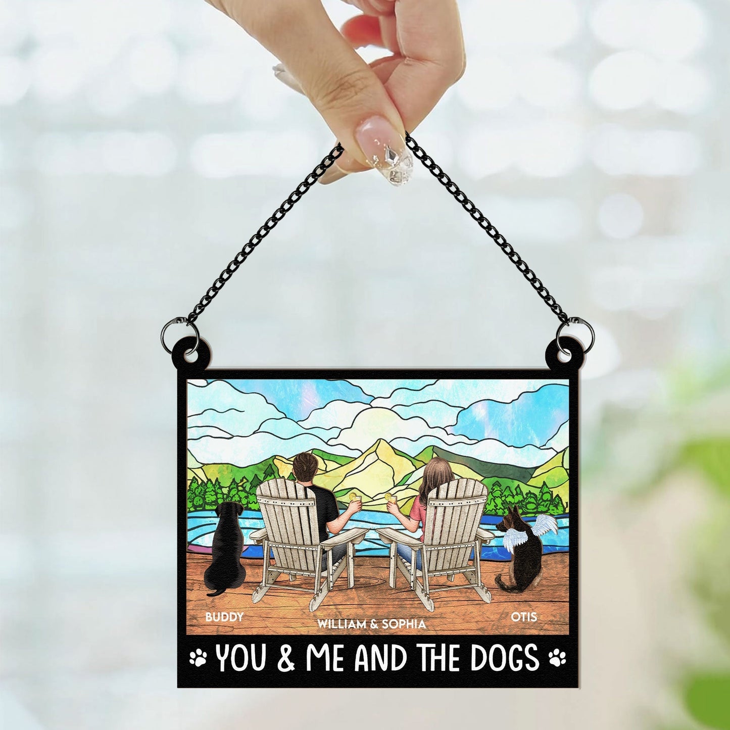 "Rustic Couple and Dogs Wood & Acrylic Ornament - Personalized Mountain View Gift"