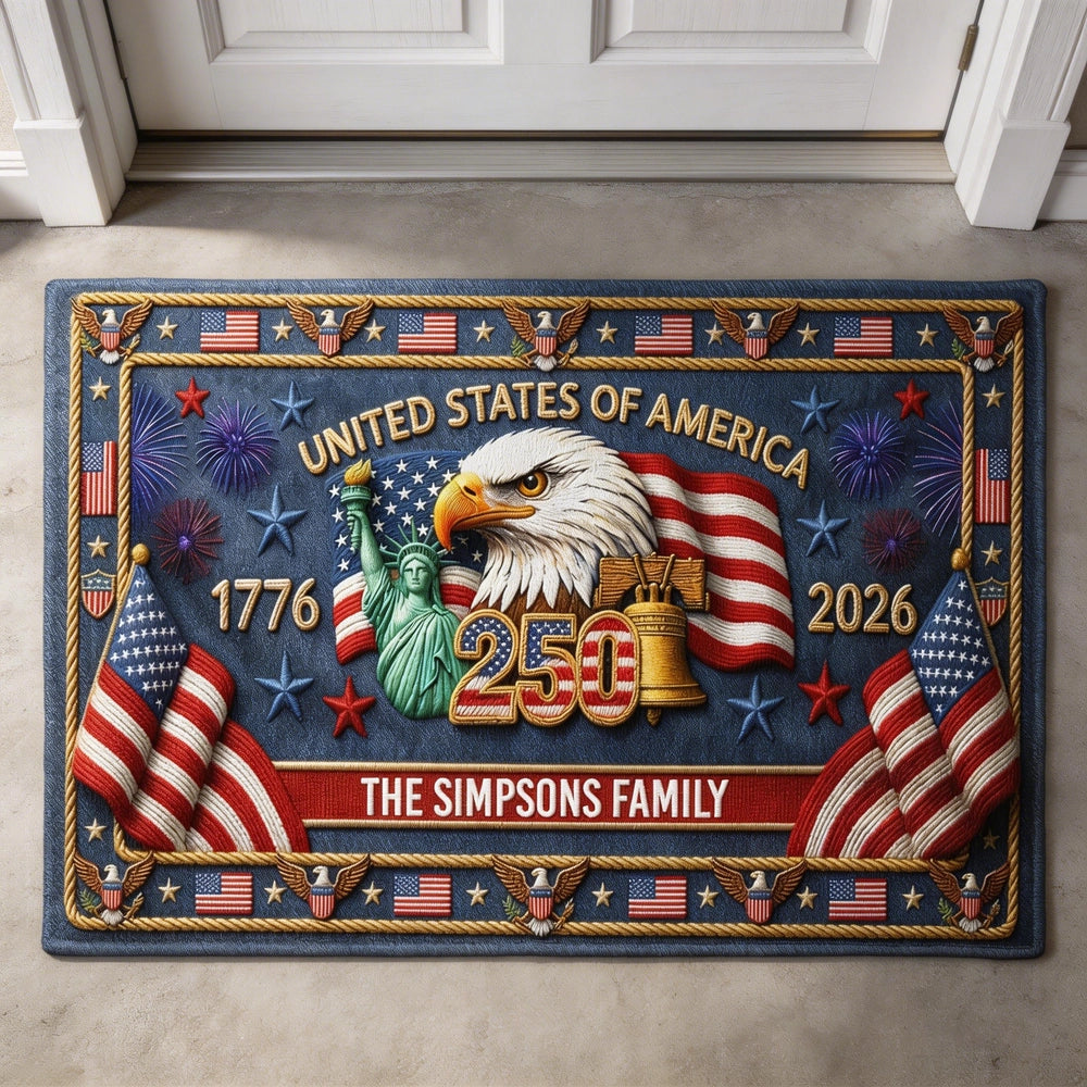 Personalized Patriotic Standard Doormat with USA Eagle & Flag Artwork, Unique Outdoor Entryway Gift for Family