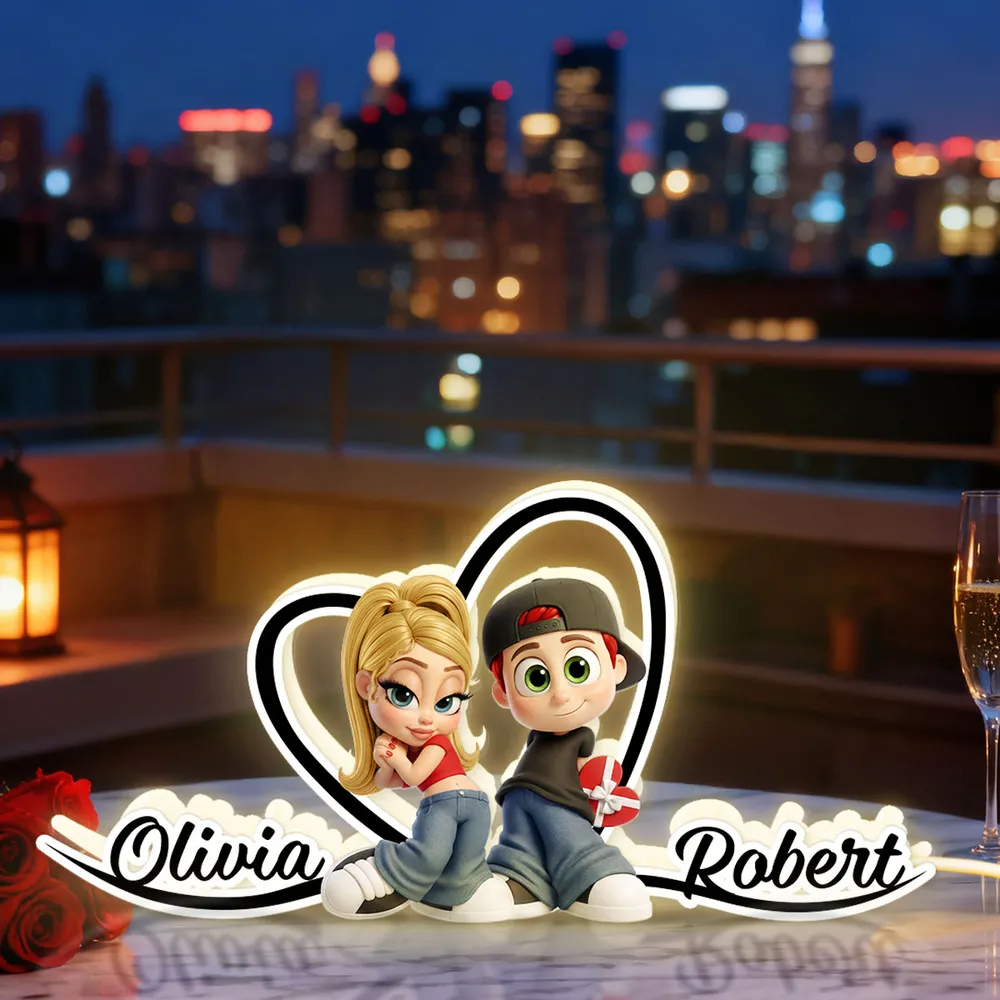 Personalized Couple Acrylic Light Box with Glowing Heart - Cute Cartoon Keepsake Nightstand Decor, Unique Gift for Couples
