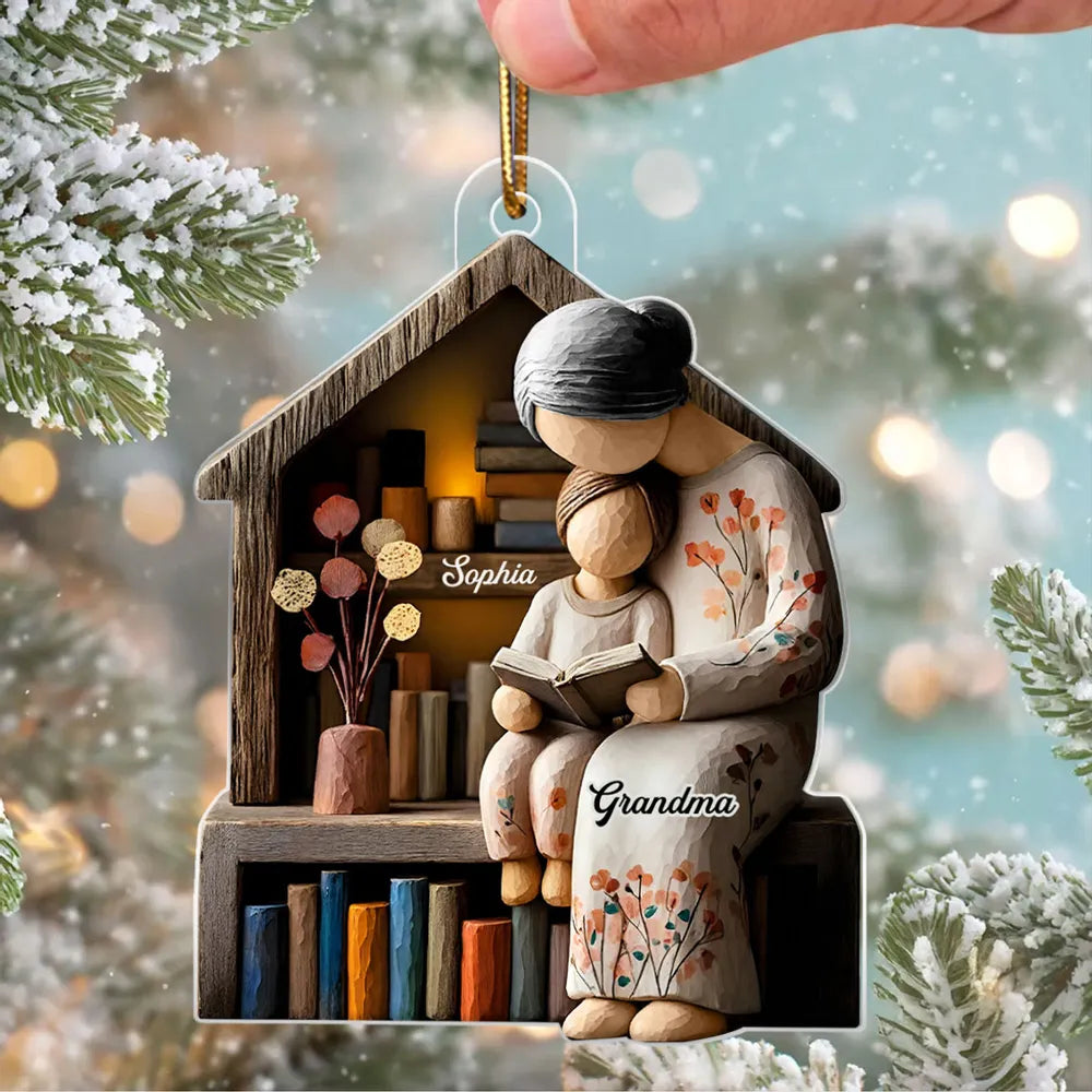 Acrylic Ornament Personalized for Grandma, Sweet Storytime Scene With Books and Warm Lights, Unique Holiday Keepsake Gift