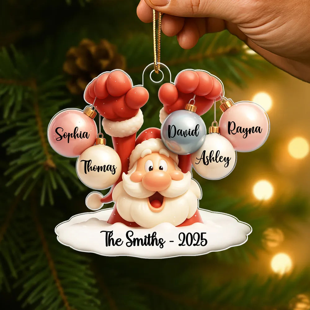 Santa Family Acrylic Ornament, festive bauble design with Santa holding ornaments, perfect gift for families, cozy tree decoration